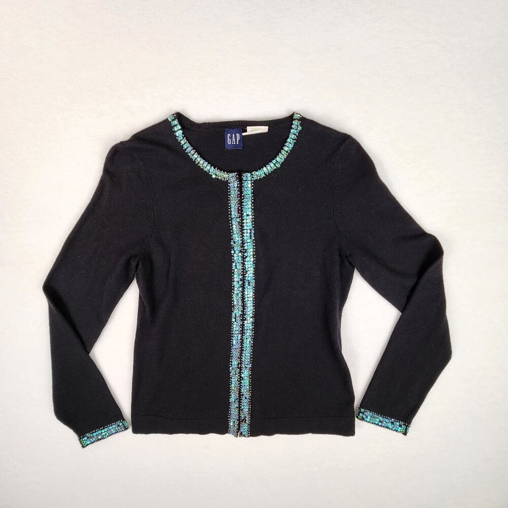 GAP Sequined Cardigan Angora Wool Cotton Blend Size S Black Blue
